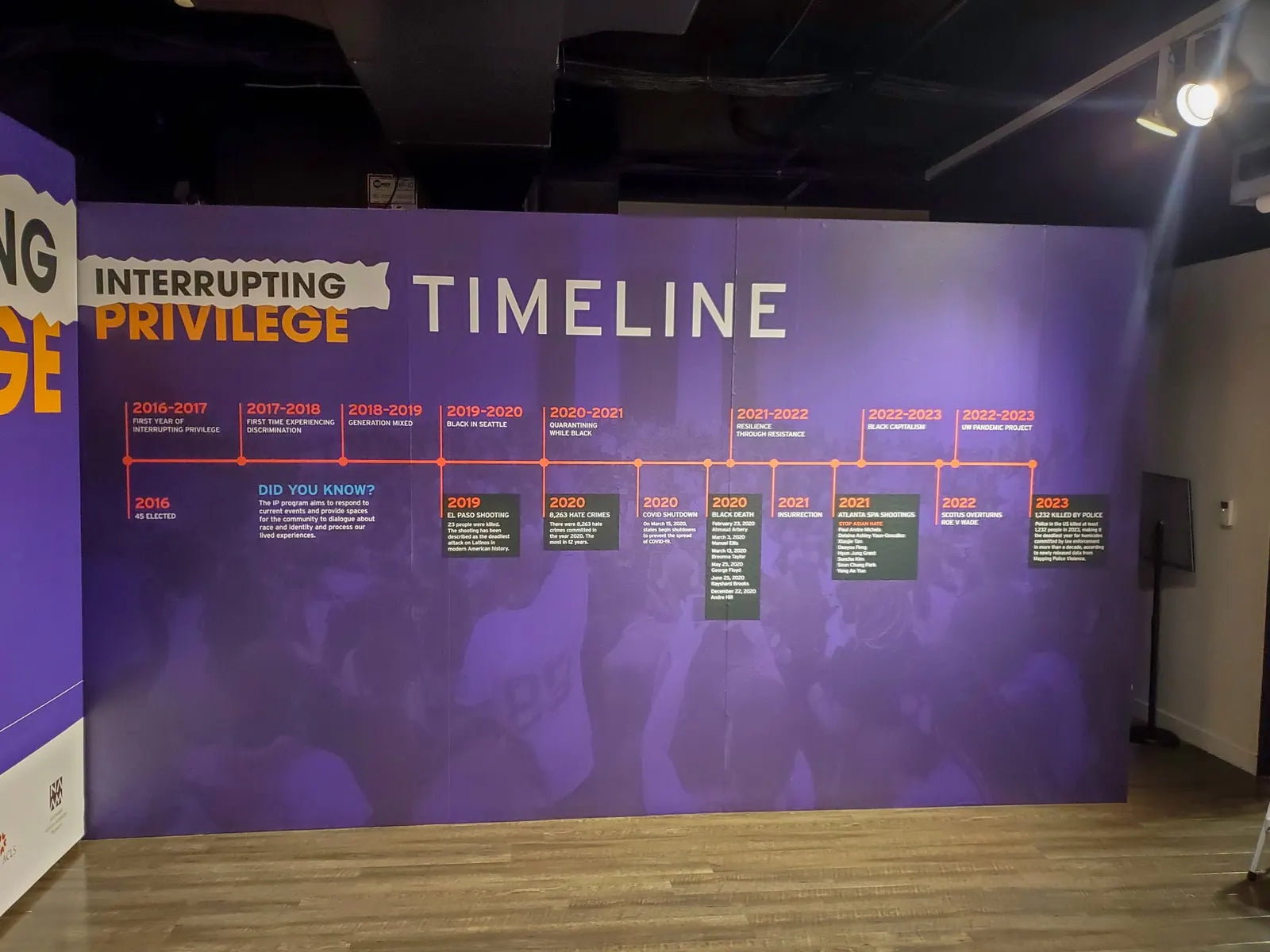 Floor-to-ceiling purple wall wrap printed with an Interrupting Privilege timeline of program milestones by year