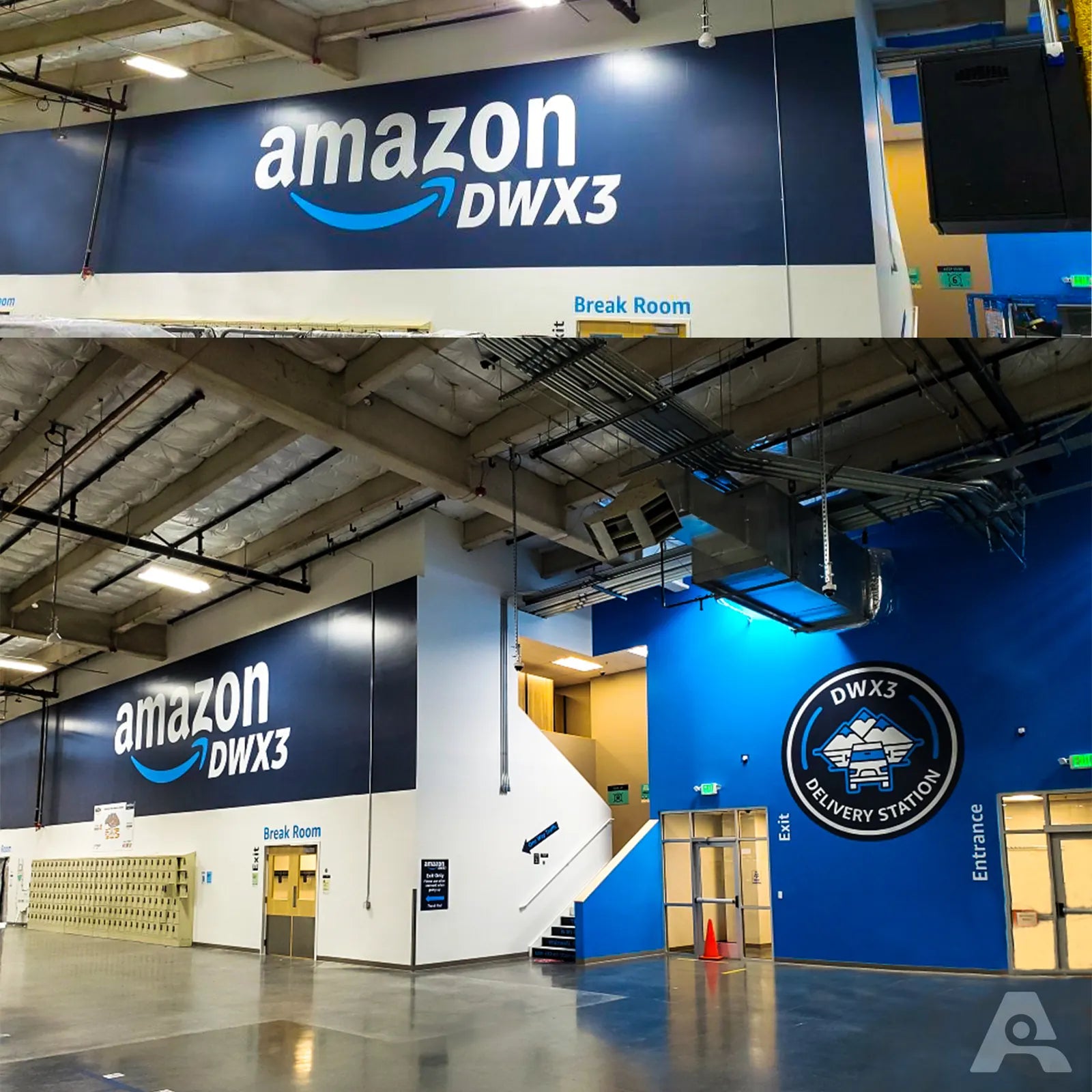Navy and blue wall graphics with the Amazon DWX3 logo and delivery station badge above a break room and stairwell inside a warehouse facility